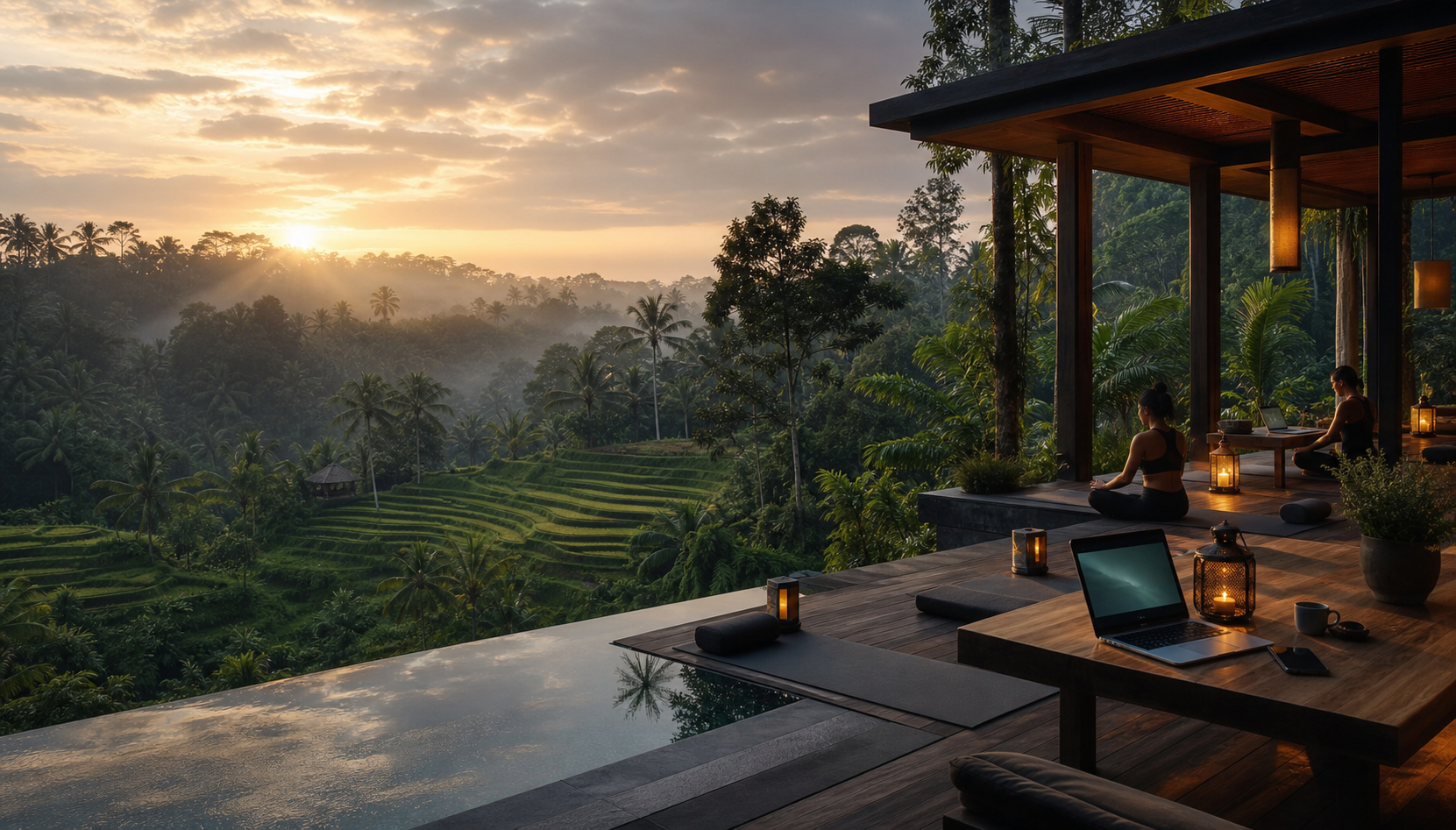 Retreat deck with rice terraces in Ubud, Bali